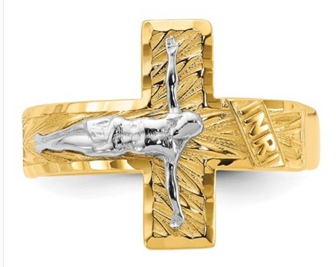 14K Two-tone Polished and Diamond-Cut Crucifix Ring