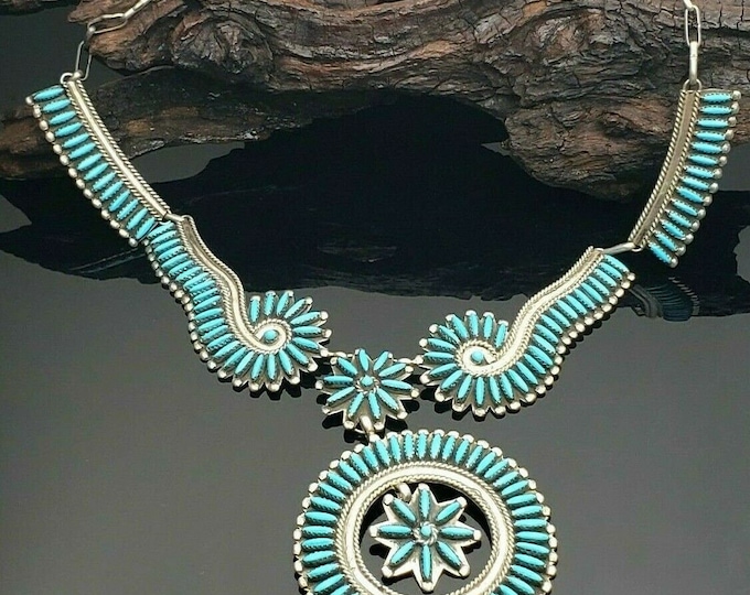 Native American Sterling Silver Turquoise Needlepoint Necklace By Charlie John