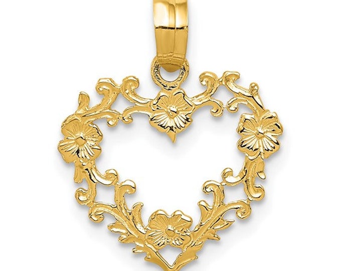 Beautiful 14K Polished Floral Border Heart Pendant.