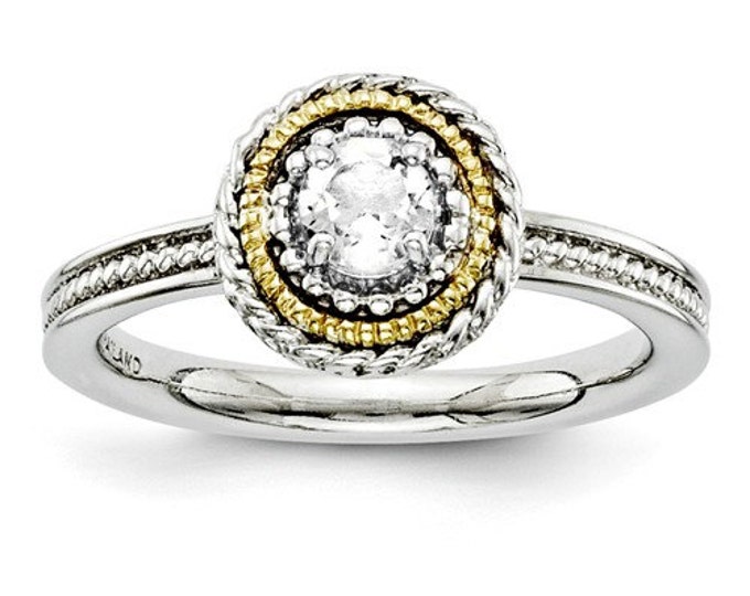 Beautiful 14 Karat Yellow Gold & 925 Sterling Silver Stackable White Topaz Ring