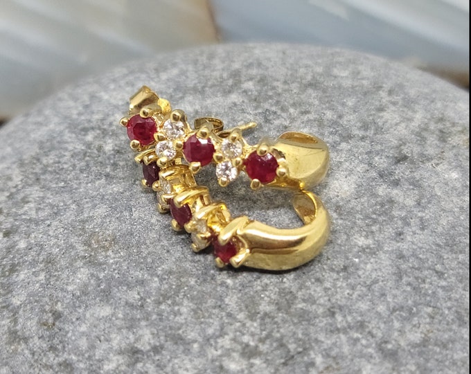 Gorgeous Handmade  14K Yellow Gold 1.20 CTW Ruby & Diamond J-Hoop Stud Earrings