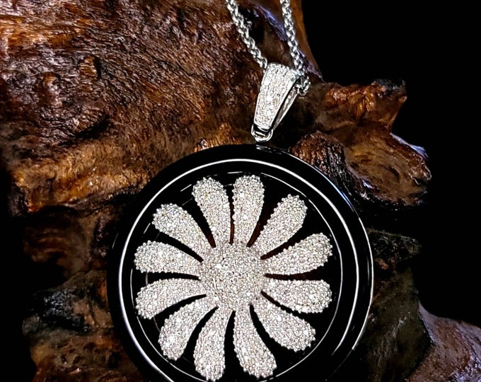 Handcrafted Rhodium-Plated 925 Sterling Silver 7.00 CTW Diamond & Onyx Daisy Flower Pendant W/16"-18" Chain.