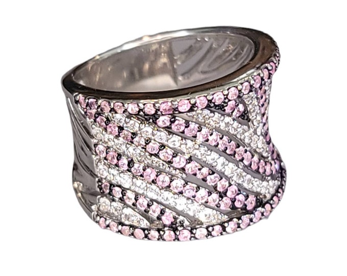 Gorgeous White and Black Rhodium 925 Sterling Silver White & Pink Sapphire Cocktail Band.