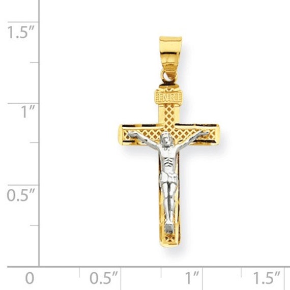14k Two-tone Gold Polished Lattice Textured INRI Crucifix Pendant