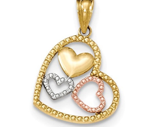 14 Karat Yellow, White & Rose Gold Textured Heart Pendant