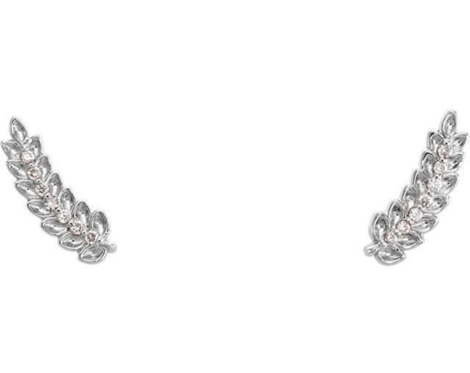 Gorgeous Custom Solid Sterling Silver , Platinum or 14 Karat Rose, White or Yellow Gold .040 Carat Diamond Leaf Ear Climber Earrings.