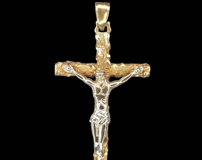 Handcrafted 14K Yellow & White Gold 50.60mm Cross Crucifix Charm Pendant.