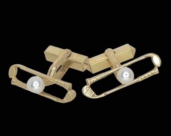 Vintage K.Mikimoto 14K Yellow Gold 5mm Pearl Golf Club Cufflinks