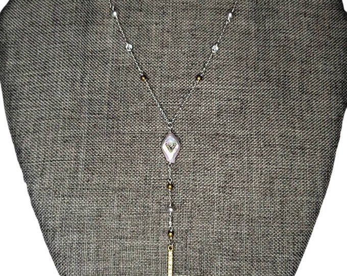 Silpada 925 Sterling Silver, Brass, CZ & Pearl "Fall in Line" Necklace N3394, 24"-26" With 3.5" Drop.