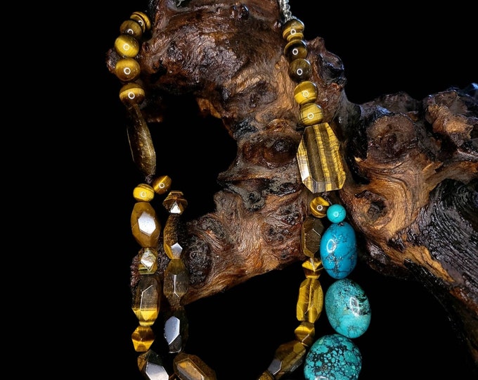 Viktoria Hayman 925 Sterling Silver Natural Tiger's Eye & Kingman Turquoise Necklace, 18"-20"