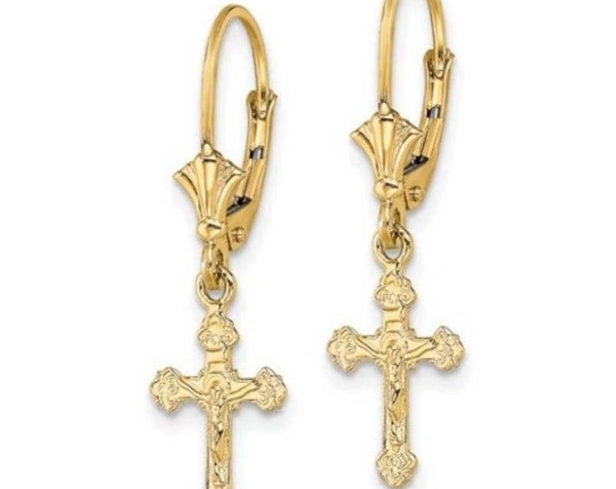 Gorgeous 14K Yellow Gold Polished Crucifix Post or Leverback Earrings.