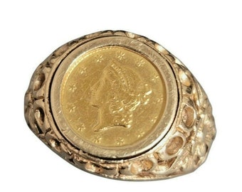 Handcrafted Antique 14K Yellow Gold 1849-1854 1 Dollar Liberty Head Gold Coin Ring Size 8