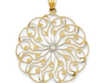 14 Karat Yellow & White Gold Diamond Cut Fancy Swirl Pendant.