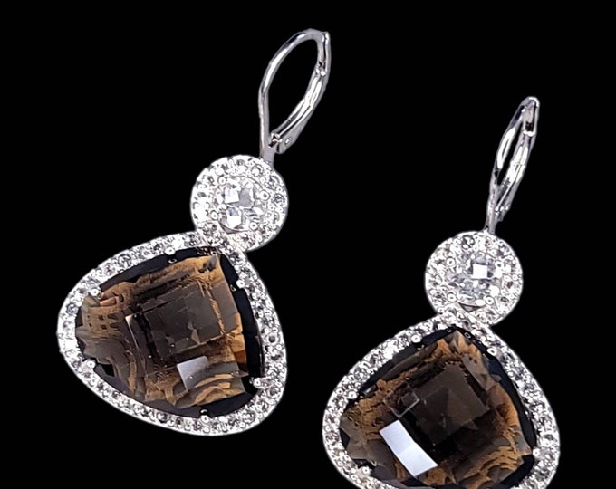 Beautiful Rhodium-Plated 925 Sterling Silver Smoky Quartz & Simulated Diamond Drop Dangle Leverback Earrings.