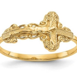 Solid 14K Yellow Gold Diamond Cut Crucifix Ring. (Available in Solid 14K & 10K Yellow Gold)