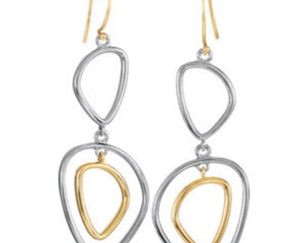 Gorgeous 14 Karat Yellow Gold & 925 Sterling Silver Two-Tone Open Silhouette Dangle Earrings