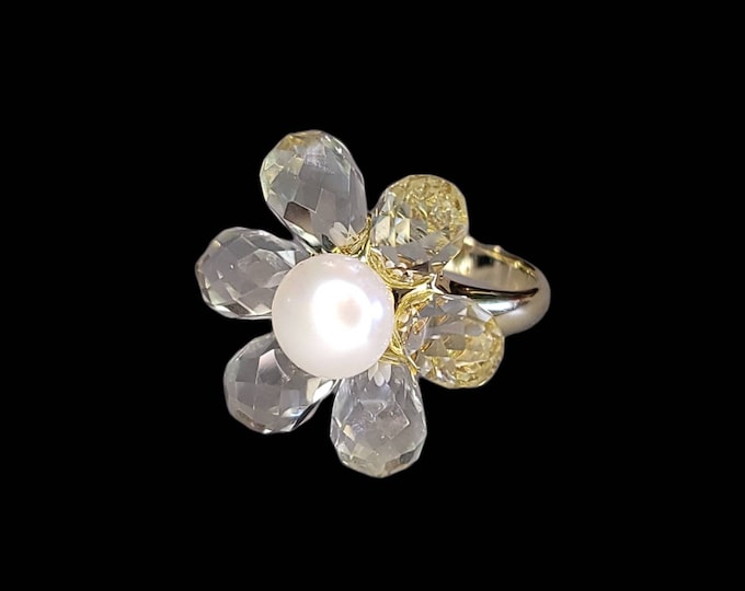 Gorgeous 18K Yellow Gold Vermeil Natural Prasiolite & Pearl Flower Cocktail Ring.