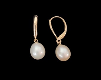 Gorgeous 14K Yellow Gold 10.75mm Oval Pearl Drop/Dangle Leverback Earrings