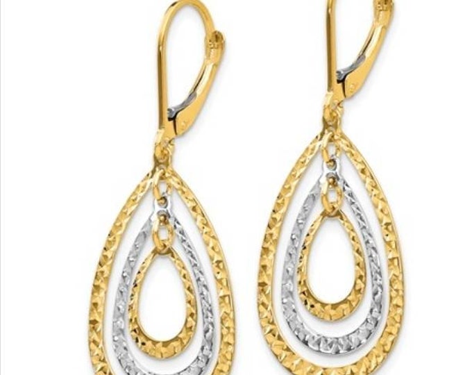 Beautiful Handcrafted 14 Karat Yellow & White Gold Two-tone Diamond Cut Leverback Drop-Dangle Earrings