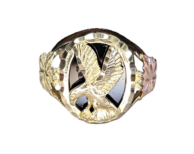 Handcrafted 14K Yellow & Rose Gold Gents Onyx Eagle Ring.