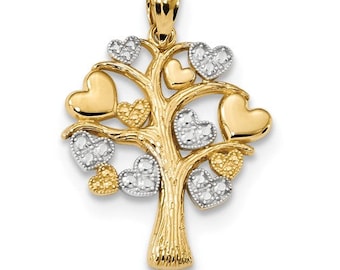 Beautiful Solid 14 Karat Yellow & White Gold Tree of Life w/Hearts Pendant