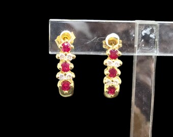 Stunning 14K Yellow Gold 1.25 CTW Ruby & Diamond J Hoop Stud Earrings.