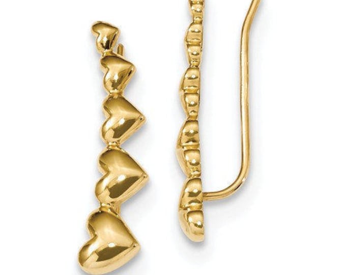 Gorgeous Custom Solid 14 Karat Yellow Gold Curved Heart Polished Ear Climber Earrings
