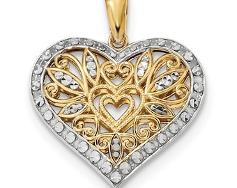 Gorgeous Solid 14 Karat Yellow and White Gold Polished & Diamond-cut Filigree Heart Pendant