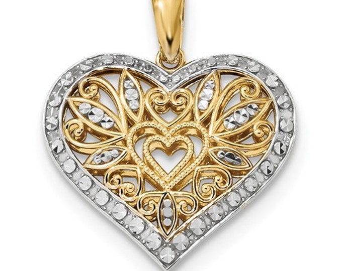 Gorgeous Solid 14 Karat Yellow and White Gold Polished & Diamond-cut Filigree Heart Pendant