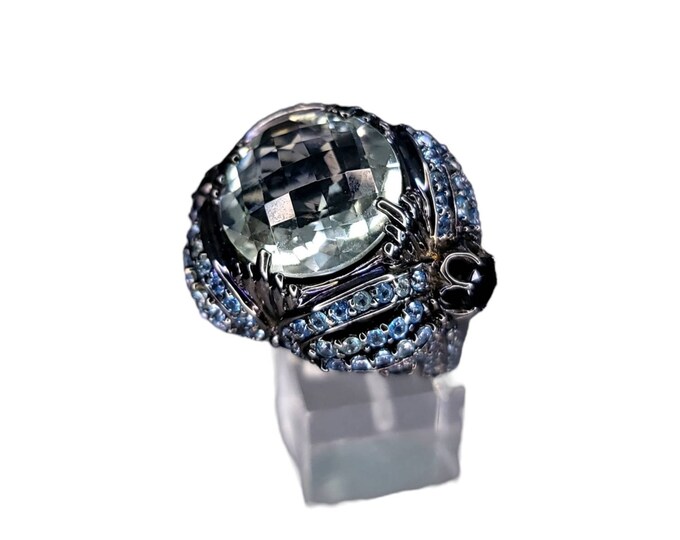 Huge Avant Garde Black Rhodium 925 Sterling Silver Natural 30.00 CTW Prasiolite, Blue Zircon & Black Spinel Statement Ring.