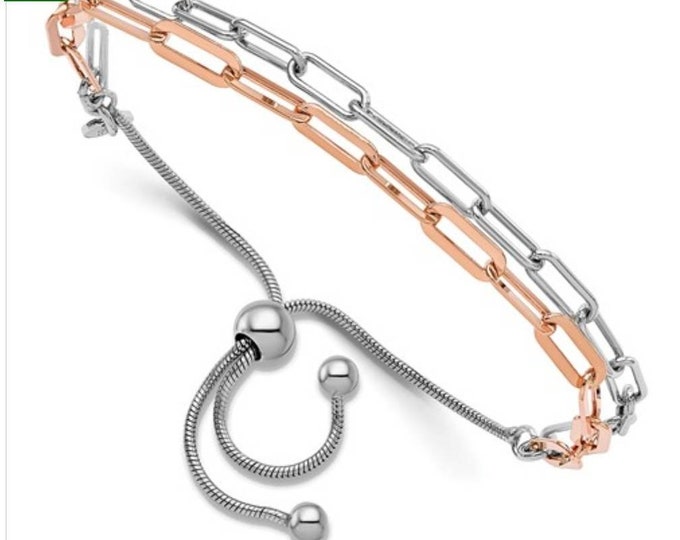 Handmade 925 Sterling Silver & Rose Gold Custom Link Bolo Adjustable Bracelet 5"-9"