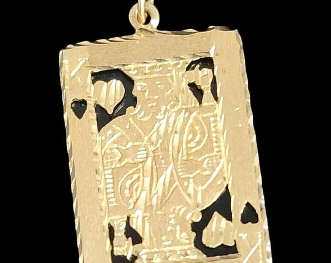 Unique Handmade 14K Yellow Gold 31.50mm Diamond Cut King of Heart Card Charm Pendant.