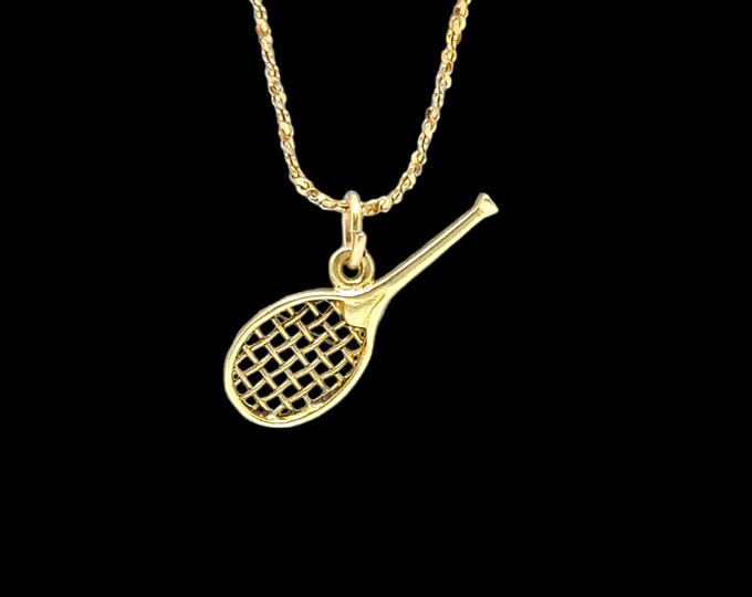 Handcrafted 14K Yellow Gold 3-Dimensional 20mm X 7.65mm Tennis Racket Charm Pendant