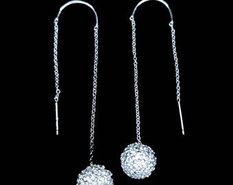 925 Sterling Silver Rhodium White Sapphire 48.50mm Ball Dangle Threader Earrings.