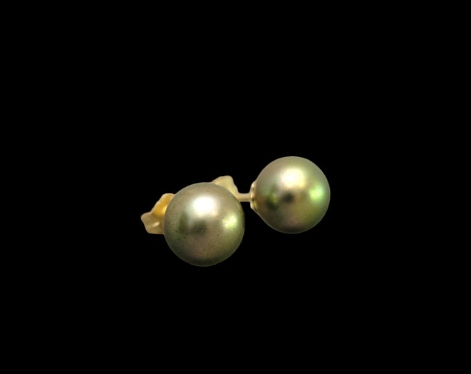 Gorgeous Solid 14K Yellow Gold 8.15mm Tahitian Pearl Stud Earrings.