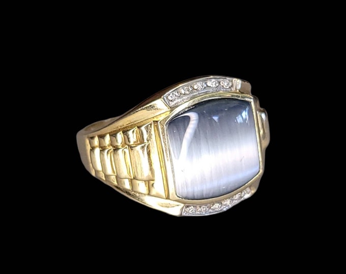 Stunning 10K Yellow Gold Gents Blue Tigers Eye & Diamond Rolex Ring.