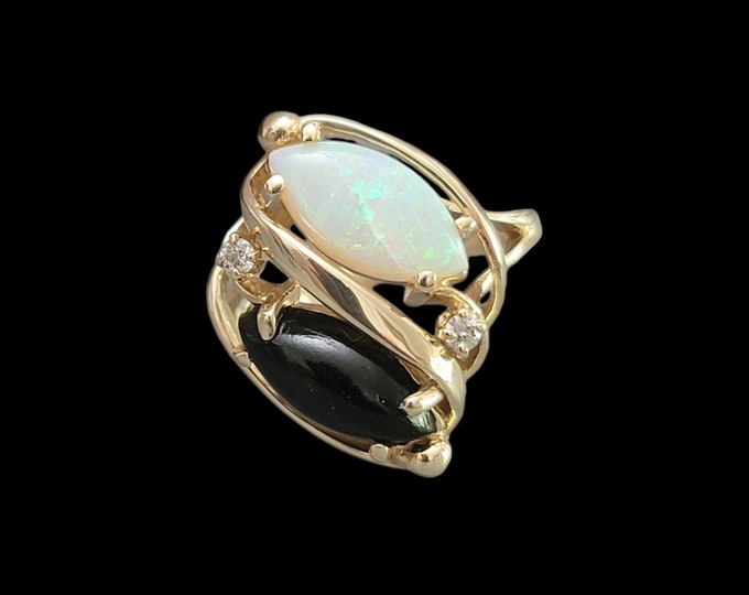 Handcrafted Yin Yang Retro Inspired 14K Yellow Gold Onyx, Opal & Diamond Cocktail Ring.