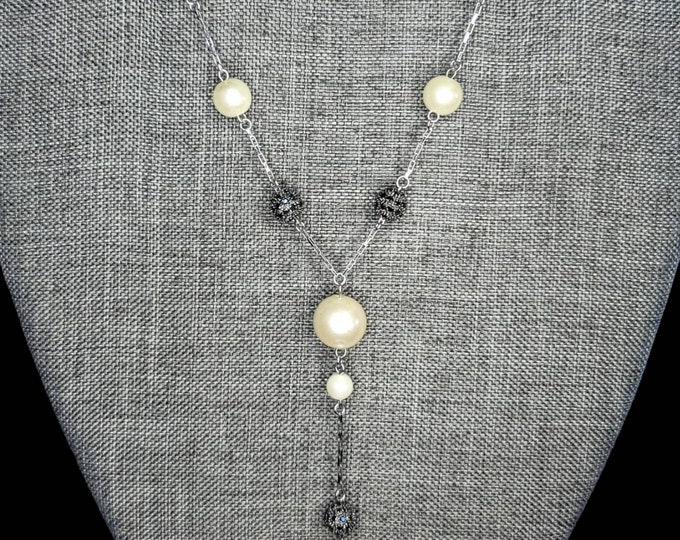 Stunning 925 Sterling Silver 6.75mm-13.5mm Pearl & Onyx Y Lariat Necklace 16"-19"