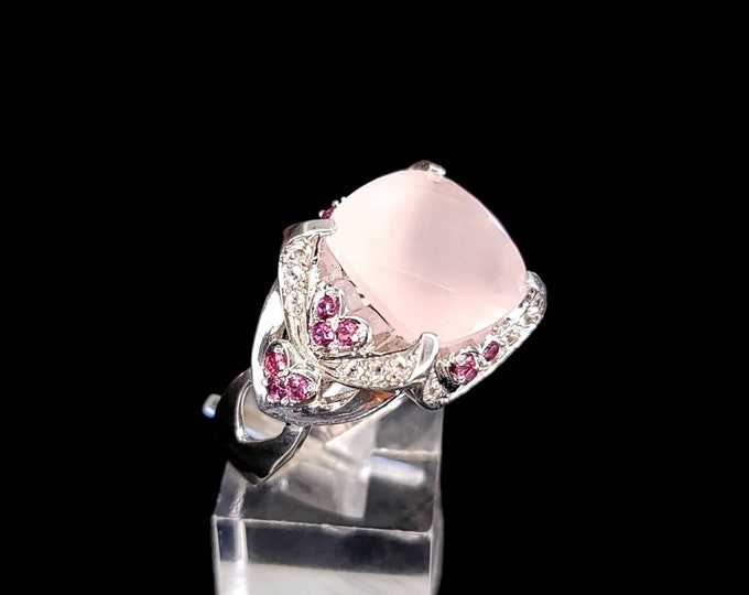 Rhodium 925 Sterling Silver 15.00 CTW Natural Cushion Cut Rose Quartz, Pink Topaz & White Topaz Cocktail Ring.