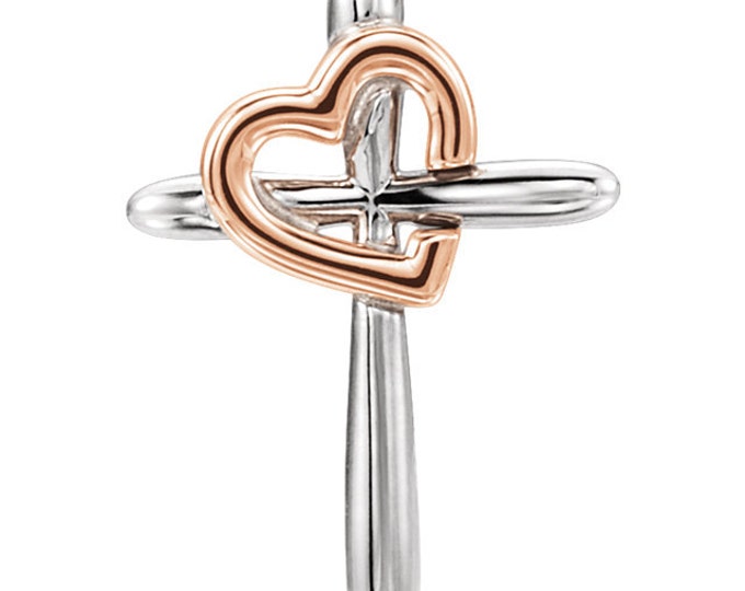 Beautiful 14 Karat White & Rose Gold, 14 Karat White and Yellow Gold, Yellow Gold, White Gold or Rose Gold 19.8mm Cross with Heart Pendant