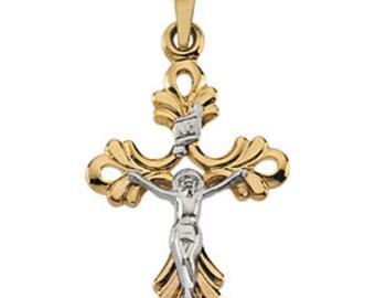 Custom 14 Karat Yellow & White Gold 20x15mm Crucifix Pendant