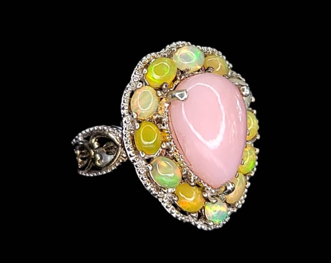 Gorgeous Rhodium-Plated 925 Sterling Silver Rose Quartz & Opal Cocktail Ring.