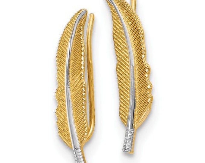 Beautiful Custom Solid 14 Karat Yellow & white Gold Polished Feather Ear Climber Earrings