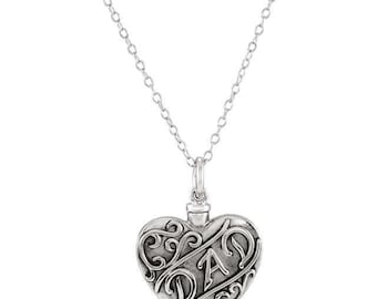 925 Sterling Silver "Dad" or "Mom" Heart Ash Holder Pendant & 18" Necklace