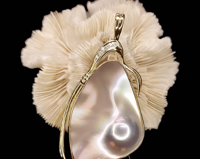 Handcrafted 14K Yellow Gold 70.50mm Natural Blister Pearl and Diamond Pendant.