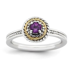 Beautiful 14 Karat Yellow Gold & 925 Sterling Silver Stackable Amethyst Ring