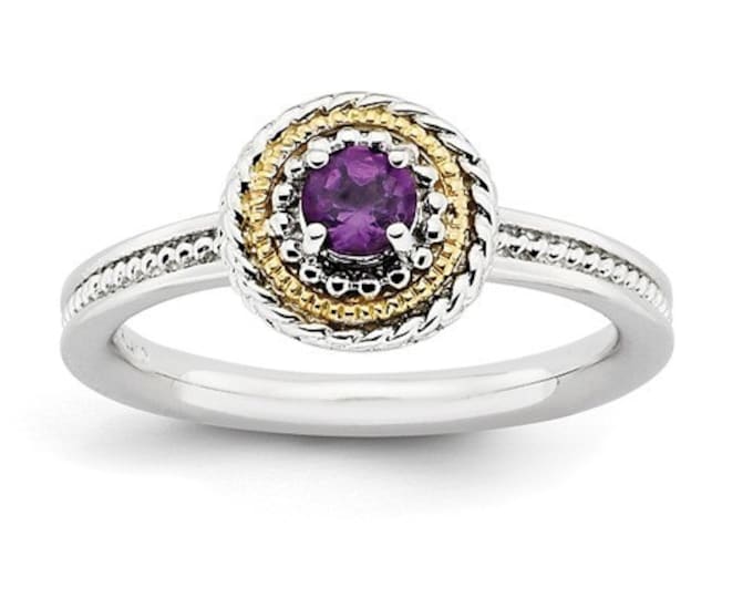 Beautiful 14 Karat Yellow Gold & 925 Sterling Silver Stackable Amethyst Ring