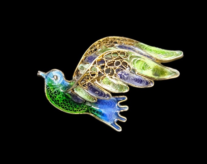 Antique 800 Sterling Silver Enamel Filigree Peace Dove Brooch.