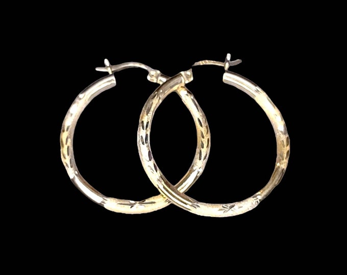 14 Karat Yellow Gold 32.25mm, 29.65mm or 19.50mm Diamond Cut Tubular Hoop Earrings.