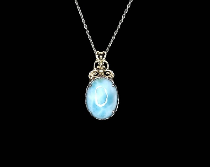 Stunning Rhodium-Plated 925 Sterling Silver Natural 16mm 12mm Oval Larimar Pendant W/20" Necklace.